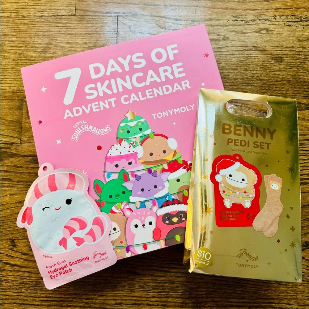 Squishmallows 7-day tween advent calendar, eye mask, foot mask/sock set—NWT